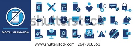 Digital Minimalism icon collection set. Containing design No Distractions, App Deletion, Essential Tools, No Ads, Pause