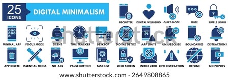 Digital Minimalism icon collection set. Containing design No Distractions, App Deletion, Essential Tools, No Ads, Pause