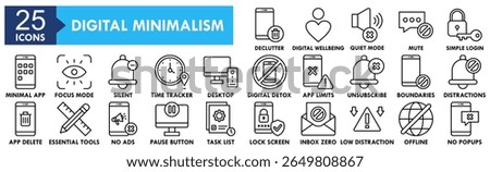 Digital Minimalism icon collection set. Containing design No Distractions, App Deletion, Essential Tools, No Ads, Pause