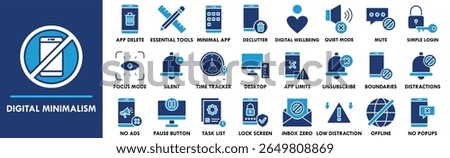 Digital Minimalism icon collection set. Containing design No Distractions, App Deletion, Essential Tools, No Ads, Pause