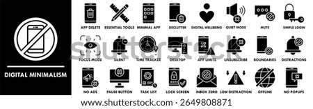 Digital Minimalism icon collection set. Containing design No Distractions, App Deletion, Essential Tools, No Ads, Pause