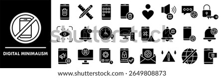 Digital Minimalism icon collection set. Containing design No Distractions, App Deletion, Essential Tools, No Ads, Pause