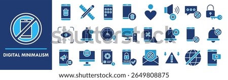 Digital Minimalism icon collection set. Containing design No Distractions, App Deletion, Essential Tools, No Ads, Pause