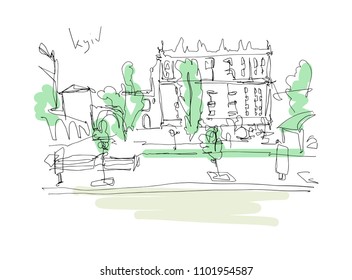 digital minimalistic drawing of Kyiv landscape, central street of historical part of the city, travel card vector illustration