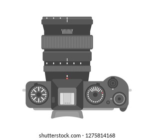 Digital Mirrorless Camera. Top View With Lens. Flat Vector Illustration. Beautiful Classic Looks Professional Device For Photography And 4K Video With APS-C Sensor.