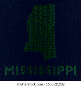 Digital Mississippi logo. US state symbol in hacker style. Binary code map of Mississippi with US state name. Attractive vector illustration.