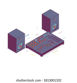 Digital mixer isometric style illustration. Acoustic speakers with dj digital mixer. Buttons and knobs for music mixing. 