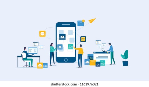 digital mobile application development and design process concept with business team working concept
