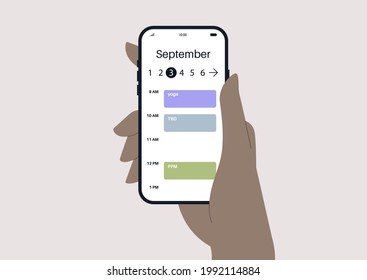 A digital mobile calendar with colorful stickers indicating personal and work events