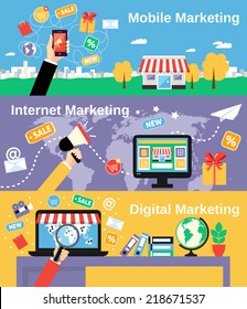 Digital mobile internet marketing line banners set isolated vector illustration