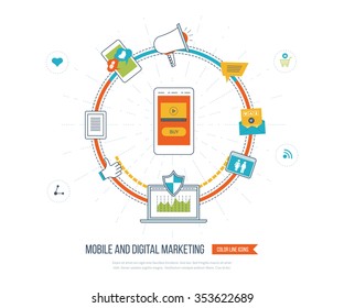 Digital and mobile marketing concept. Social network. Investment management. Data protection. Flat shield icon. Investment growth. Strategy for successful business. Color line icons