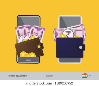 Digital mobile payments, electronic wallet app. 2000 Indian Rupee banknote with gold coins. Flat style vector illustration.