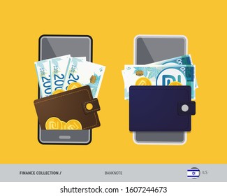 Digital mobile payments, electronic wallet app. 200 Israeli New Shekel banknote with gold coins. Flat style vector illustration. 