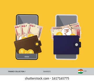 Digital mobile payments, electronic wallet app. 1000 Indian Rupee banknote with gold coins. Flat style vector illustration.