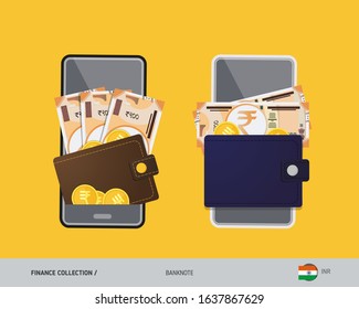 Digital mobile payments, electronic wallet app. 200 Indian Rupee banknote with gold coins. Flat style vector illustration.