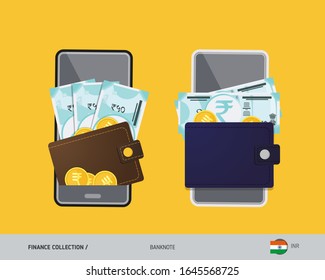 Digital mobile payments, electronic wallet app. 50 Indian Rupee banknote with gold coins. Flat style vector illustration.