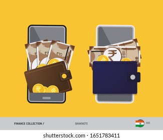 Digital mobile payments, electronic wallet app. 10 Indian Rupee banknote with gold coins. Flat style vector illustration.