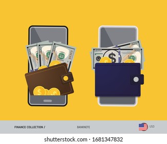 Digital mobile payments, electronic wallet app. 100 US Dollar banknote with gold coins. Flat style vector illustration.