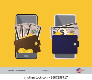 Digital mobile payments, electronic wallet app. 50 US Dollar banknote with gold coins. Flat style vector illustration. 
