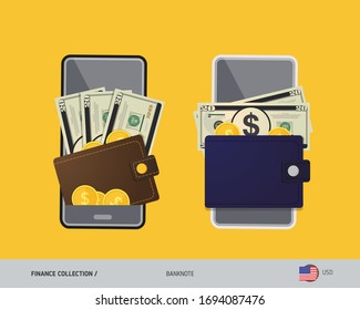 Digitale mobile Zahlungen, elektronische Brieftasche-App. 20 US-Dollar-Banknote mit Goldmünzen. Vektorillustration im Flachstil.