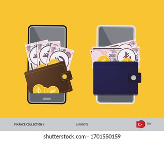 Pago digital móvil, aplicación de cartera electrónica. Billete de 200 liras turcas con monedas de oro. Ilustración vectorial de estilo plano.