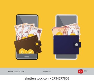 Digital mobile payments, electronic wallet app. 50 Turkish Lira banknote with gold coins. Flat style vector illustration.