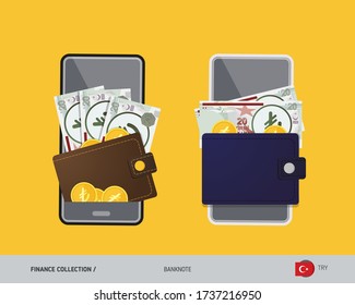 Digitale Mobilzahlungen, elektronische Brieftasche. 20 türkische Lira Banknote mit Goldmünzen. Flache Vektorgrafik.
