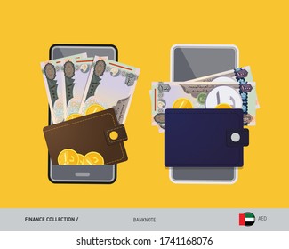 Digital mobile payments, electronic wallet app. 1000 United Arab Emirates Dirham banknote with gold coins. Flat style vector illustration.