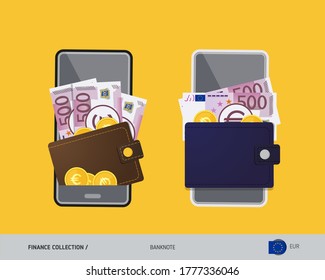 Digital mobile payments, electronic wallet app. 500 Euro banknote with gold coins. Flat style vector illustration.