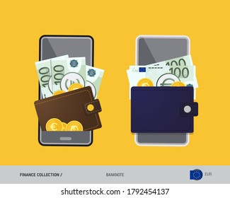 Digital mobile payments, electronic wallet app. 100 Euro banknote with gold coins. Flat style vector illustration.