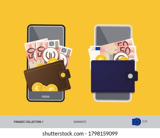 Pago móvil digital, aplicación de cartera electrónica. Billete de 50 euros con monedas de oro. Ilustración vectorial de estilo plano.