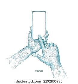 Digital mobile phone. Abstract polygonal wireframe closeup cellphone with blank white empty screen in holding man hand and fingers. Isolated low poly vector illustration on white background.