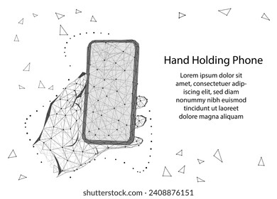 Digital mobile phone. Abstract polygonal wireframe closeup cellphone with blank white empty screen in holding man hand and fingers. Isolated low poly vector illustration on white background.