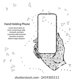 Digital mobile phone. Abstract polygonal wireframe closeup cellphone with blank white empty screen in holding man hand and fingers. Isolated low poly vector illustration on white background.