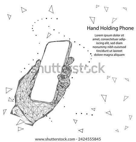 Digital mobile phone. Abstract polygonal wireframe closeup cellphone with blank white empty screen in holding man hand and fingers. Isolated low poly vector illustration on white background.