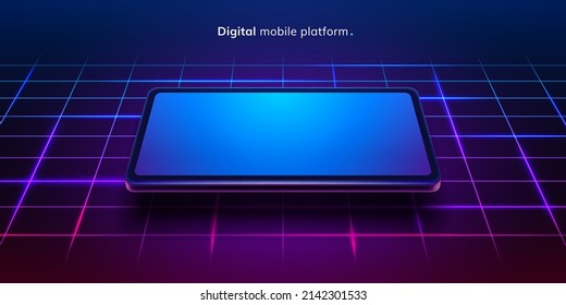 Digital mobile platform in smartphone, modern gadget with neon line background. Vector realistic cartoon, presentation of new product, software or application. Virtual reality and electronics