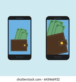 Digital mobile wallet concept icon. Smartphone screen with wallet and money on screen. Internet banking concept, wireless money transfer.