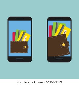 Digital mobile wallet concept icon. Smartphone screen with wallet and credit cards on screen. Internet banking concept, wireless money transfer.