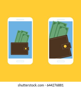 Digital mobile wallet concept icon. Smartphone screen with wallet and money on screen. Internet banking concept, wireless money transfer.