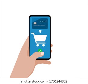 Digital mobile wallet payment concept .Hand holding mobile phone with shopping cart icon and credit card on the touch screen.