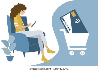 Digital mobile wallet payment concept. A woman using smart phone at home.Shopping basket icon and credit card.