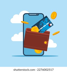 Digital mobile wallet. Smartphone with wallet and cards on screen. Modern vector illustration in flat style