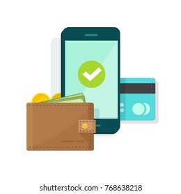 Digital mobile wallet vector illustration icon, flat design smartphone screen with electronic wallet and credit card, internet banking concept, wireless money transfer, internet cellphone payment