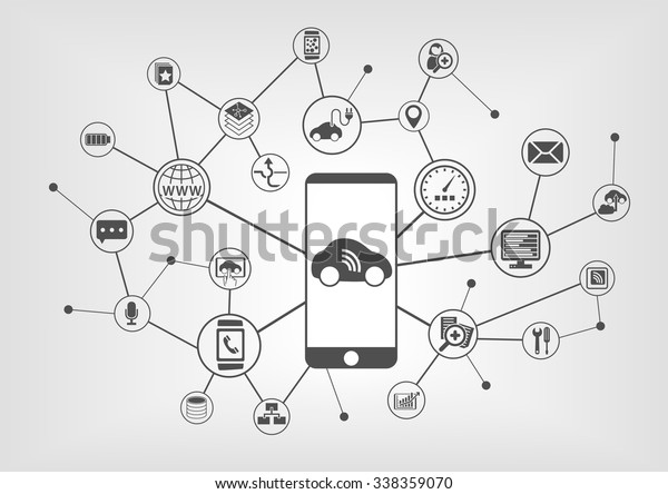 Digital mobility concept\
with connected devices such as car, smart phone. Vector icons on\
grey background