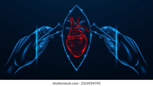 Digital modeling of heart surgery. The doctor's hands hold tweezers and open the incision. Polygonal design of lines and dots.