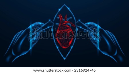 Digital modeling of heart surgery. The doctor's hands hold tweezers and open the incision. Polygonal design of lines and dots.