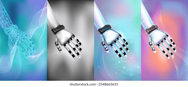 Digital models of robot hands on an abstract bright background.