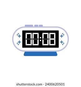 Digital modern alarm clock close up displaying 00:08 o'clock, simple flat black icon vector