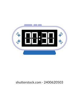 Cierre del reloj de alarma digital moderno con 00:30 en punto, simple vector de icono negro plano