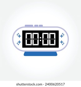 Digital modern alarm clock close up displaying 00:00 o'clock, simple flat black icon vector